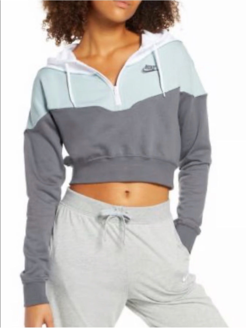Nike Cropped Color Block Half Zip in White, Light green, and Charcoal
